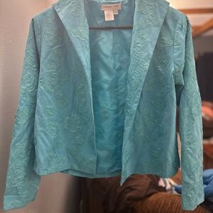 Coldwater Creek Swing Open Front Embroidered  Blazor Silk Linen Aqua Petite S